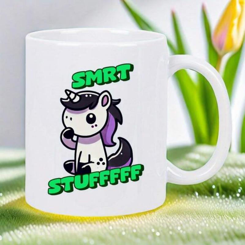 Tailorly White Ceramic 11 oz Mug - Smrt Stufffff Sitting Cute Cartoon Style With Purple Mane And Dark Hair Unicorn