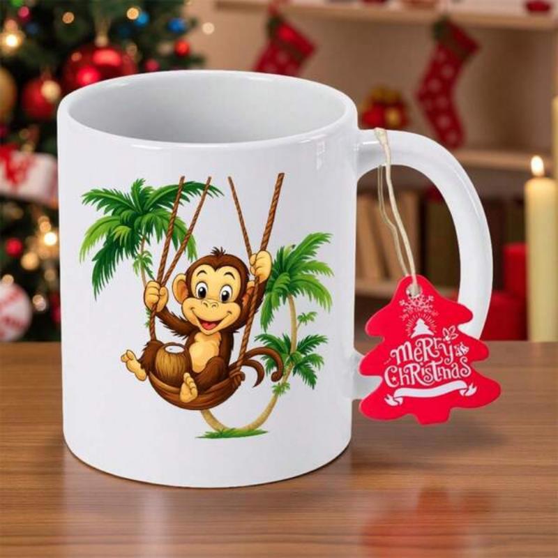 Tailorly White Ceramic 11 oz Mug - Playful Brown Cartoon Monkey Swinging Between Lush Green Tropical Palm Trees Monkey