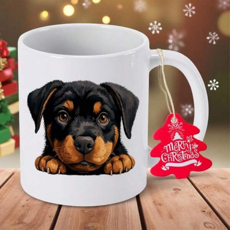 Tailorly White Ceramic 11 oz Mug - Merry Christmas Sweet Black And Tan Rottweiler Peeking From Behind A Solid White Surface Dog