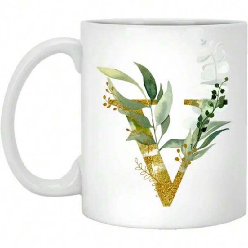 Tailorly White Ceramic 11 oz Mug - V Elegant Golden Texture Entwined With Green Watercolor Floral Leaves Letter