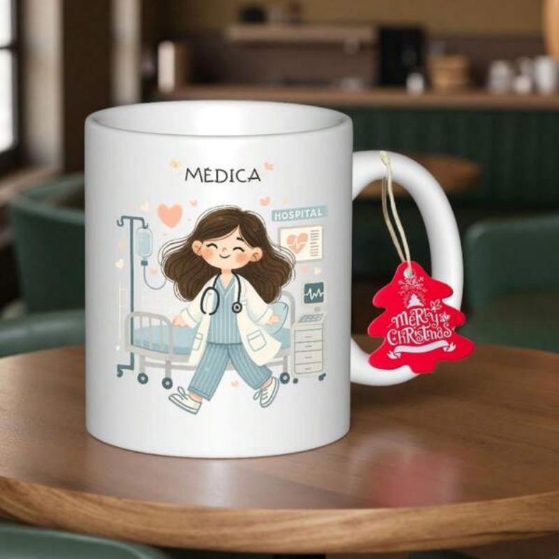 Tailorly White Ceramic 11 oz Mug - Medica Merry Christmas Charming Medical Professional Standing Among Detailed Hospital Equipment Illustrations Doctor
