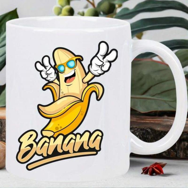 Tailorly White Ceramic 11 oz Mug - Banana Cool Cartoon Character Wearing Sunglasses And White Gloves Showing Peace Signs Banana