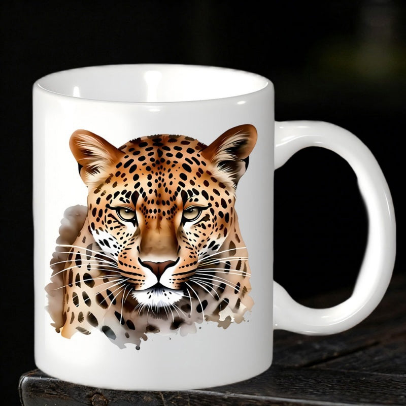 Tailorly White Ceramic 11 oz Mug - Intense Wild Leopard Head With Spotted Fur Staring From White Background Leopard