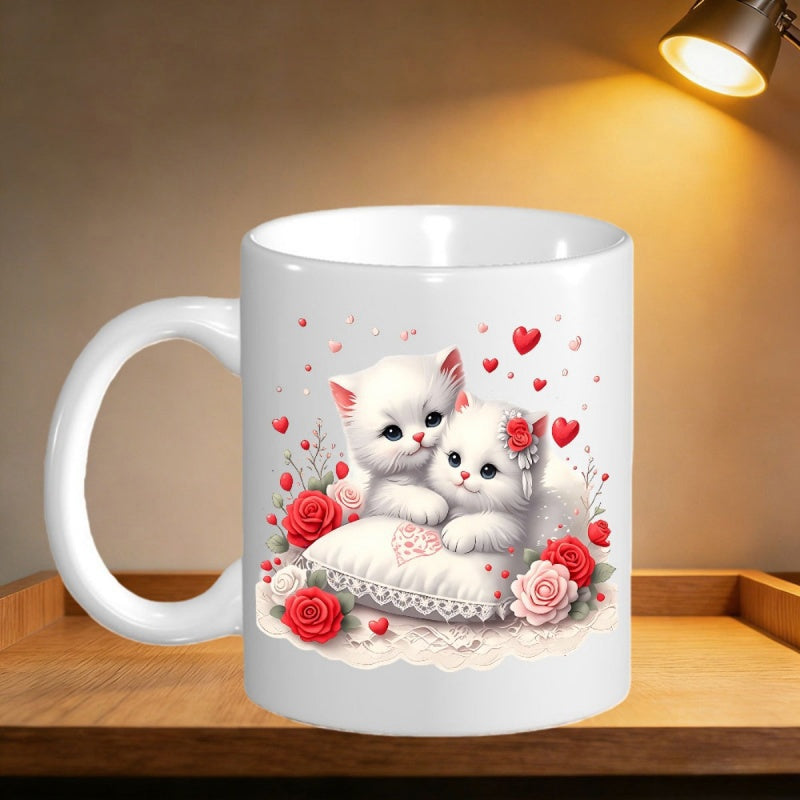 Tailorly White Ceramic 11 oz Mug - Two Fluffy White Kittens On Cushion Among Red Roses And Hearts Kittens