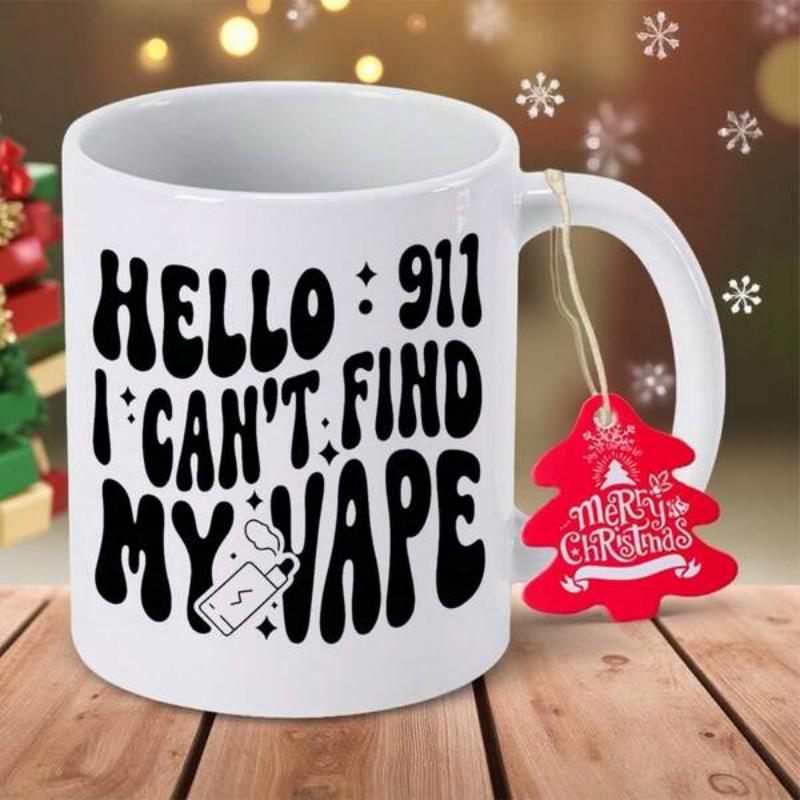 Tailorly White Ceramic 11 oz Mug - Hello 911 I Cant Find My Vape Retro Groovy Typography With Minimalist Electronic Vapor Device Line Art Vape