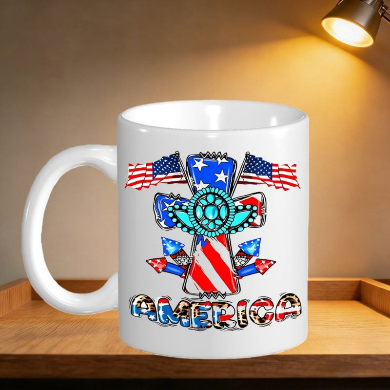 Tailorly White Ceramic 11 oz Mug - America Patriotic Symbols With American Flags And Turquoise Jewelry On Ornate Cross
