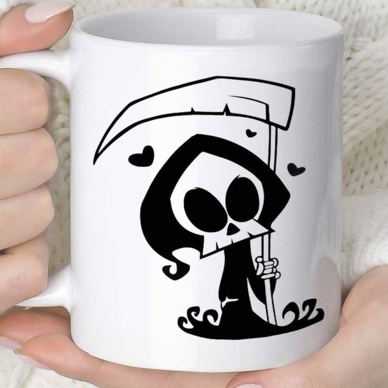 Tailorly White Ceramic 11 oz Mug - Adorable Cartoon Grim Reaper Holding A Large Scythe With Tiny Hearts Reaper