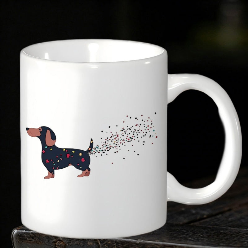 Tailorly White Ceramic 11 oz Mug - Adorable Spotted Puppy Leaving A Trail Of Colorful Magical Shimmering Confetti Dachshund