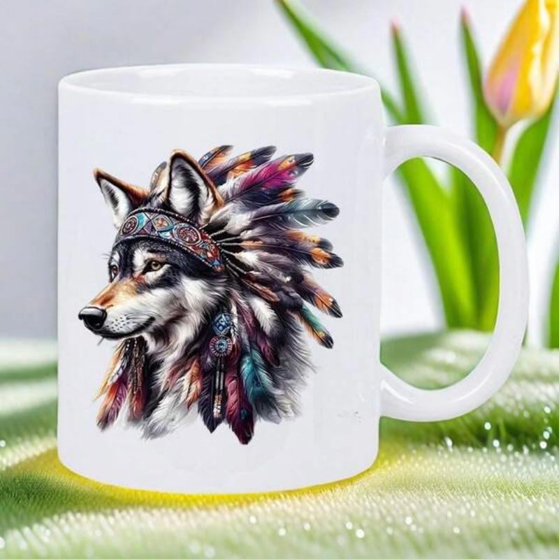 Tailorly White Ceramic 11 oz Mug - Vibrant Detailed Tribal Headdress With Feathers Adorning A Majestic Wolf