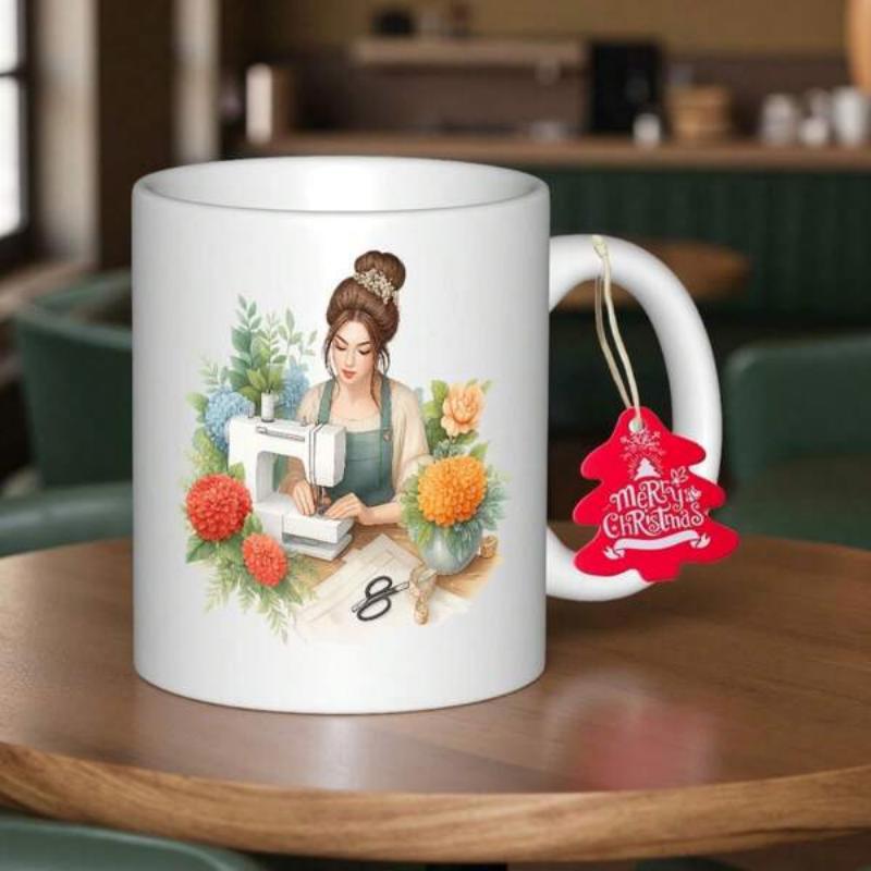 Tailorly White Ceramic 11 oz Mug - Elegant Lady Sewing With White Machine Among Colorful Blooming Flowers Seamstress