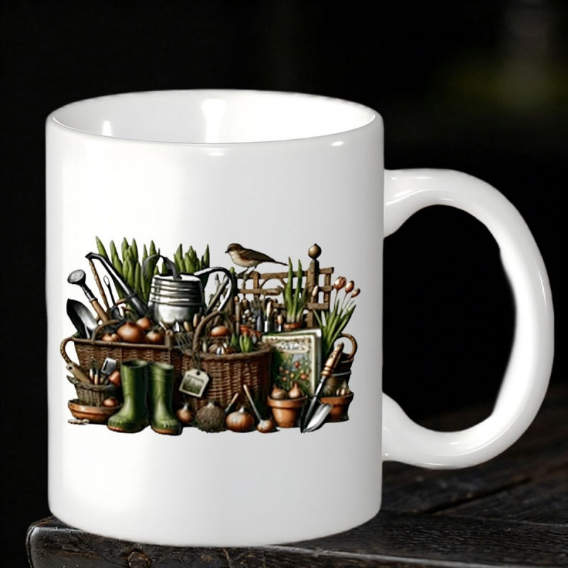 Tailorly White Ceramic 11 oz Mug - Vintage Illustration Featuring Green Boots And Bird Among Rustic Garden Tools