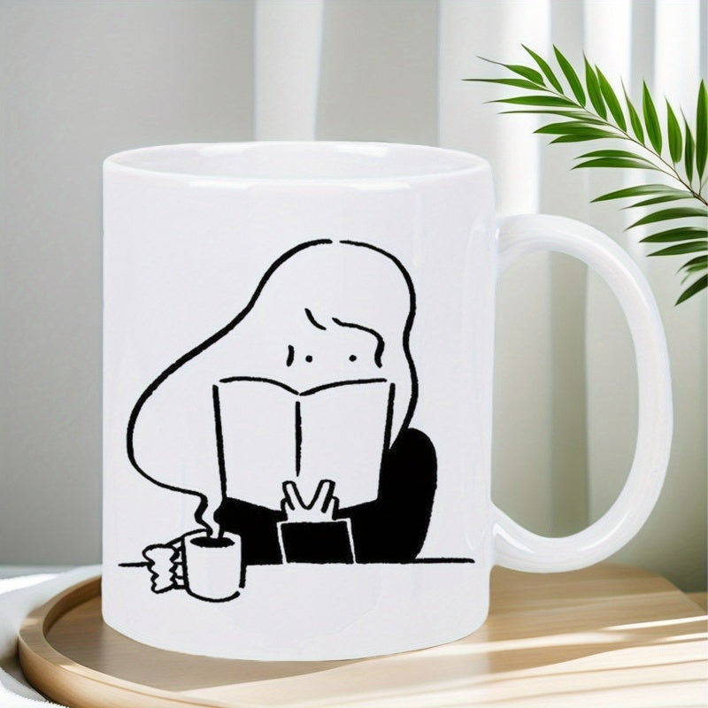 Tailorly White Ceramic 11 oz Mug - Minimalist Line Art Drawing Of Calm Person Reading Books Girl
