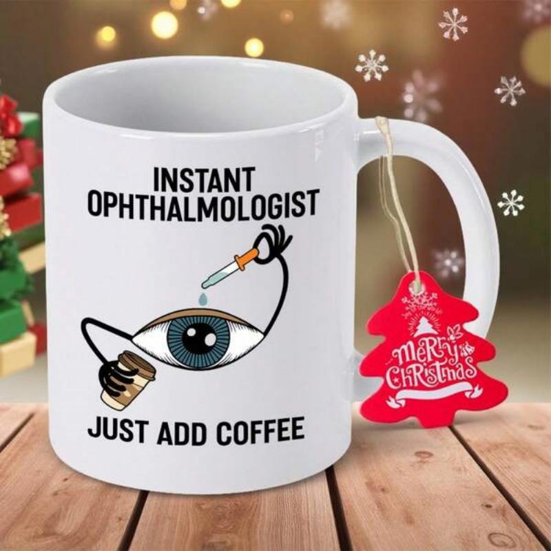 Tailorly White Ceramic 11 oz Mug - Instant Ophthalmologist Just Add Coffee Humorous Cartoon Character Holding Eyedropper And Warm Steaming Coffee Eye