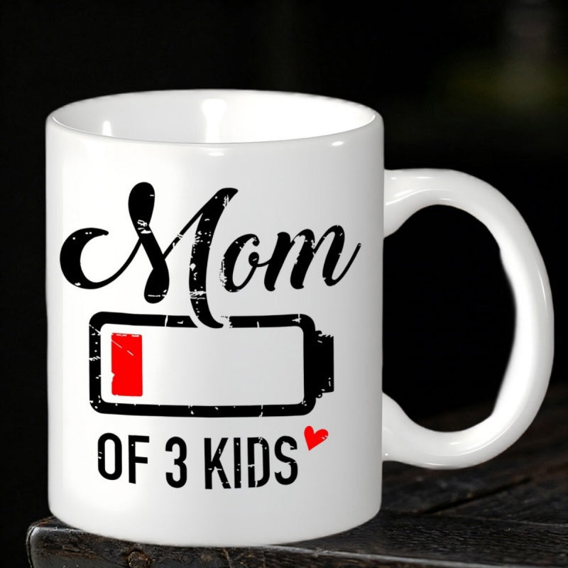Tailorly White Ceramic 11 oz Mug - Mom Of 3 Kids Distressed Symbol Showing Low Red Energy Next To Small Heart Battery