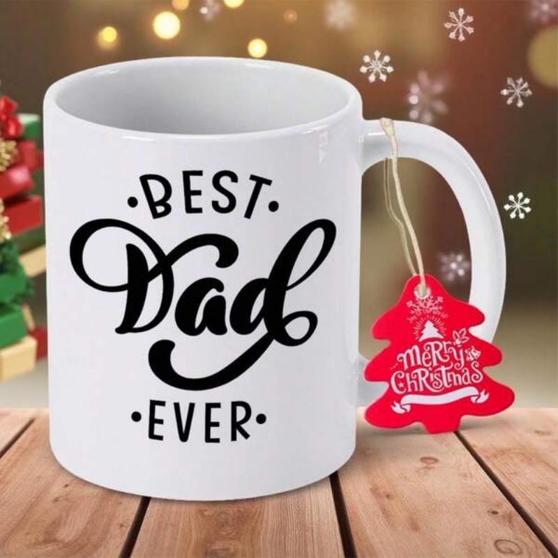 Tailorly White Ceramic 11 oz Mug - Best Dad Ever Merry Christmas Elegant White Ceramic With Script Lettering Sitting On Wooden Surface Mug