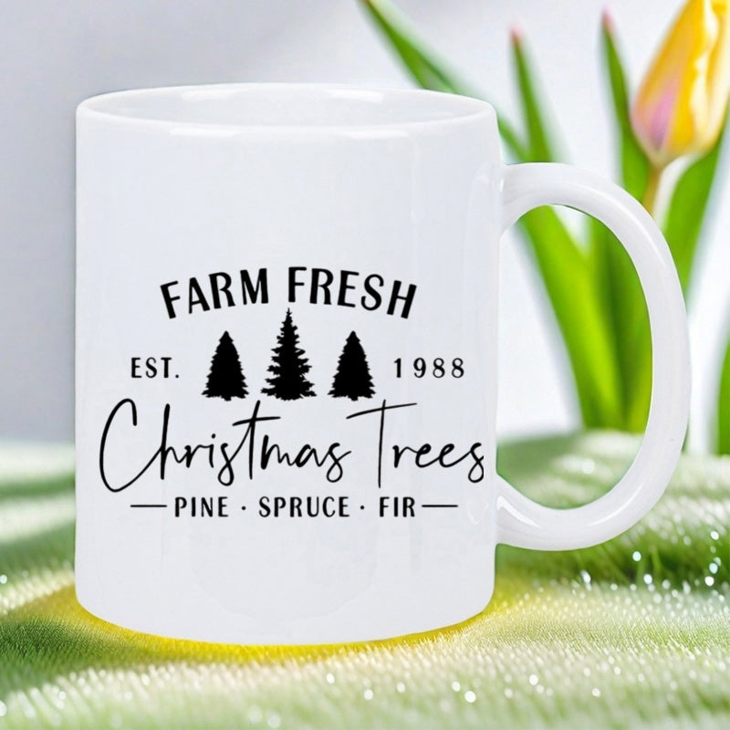 Tailorly White Ceramic 11 oz Mug - Farm Fresh Christmas Trees Minimalist Black Silhouette Evergreen Symbols Standing Tall In Symmetrical Layout Pine Tree