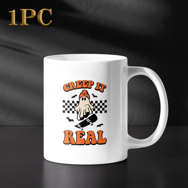 Tailorly White Ceramic 11 oz Mug - Creep It Real Cute Cartoon Ghost Wearing Beanie Riding Skateboard With Bats Ghost