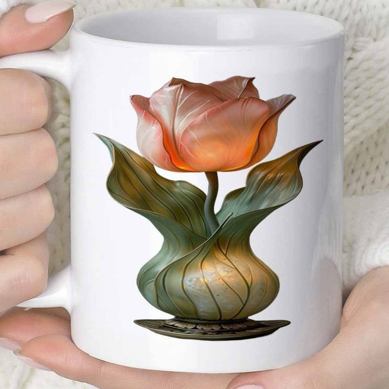 Tailorly White Ceramic 11 oz Mug - Elegant Artistic Glowing Tulip With Vibrant Green Leaves And Detailed Petals Flower
