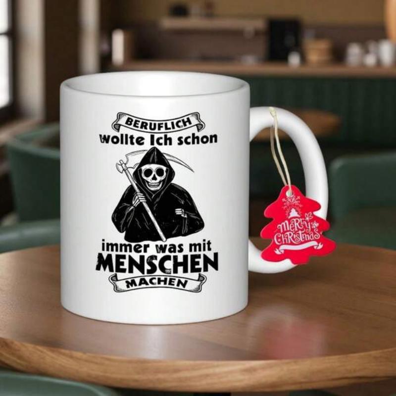 Tailorly White Ceramic 11 oz Mug - Merry Christmas Dark Cloaked Skeleton Figure Holding Sharp Scythe Within Traditional Banner Frames Reaper