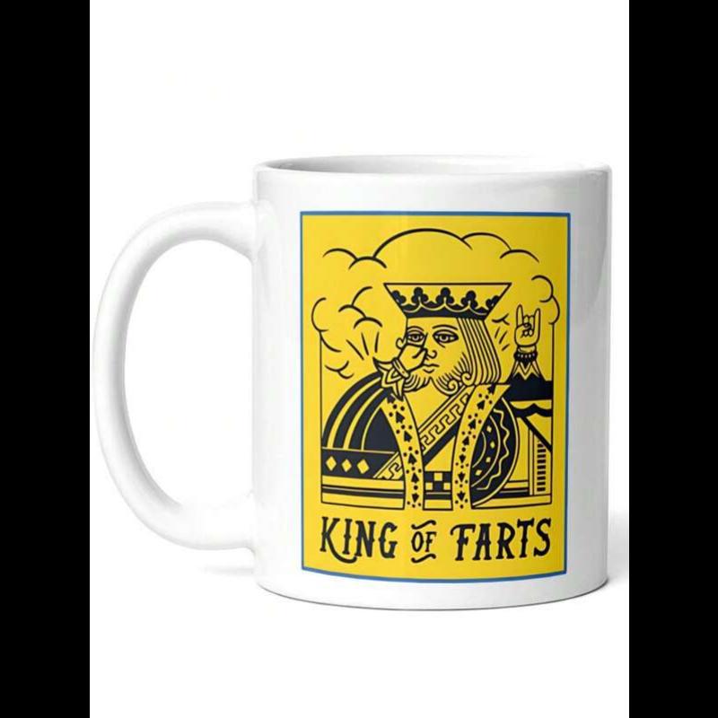 Tailorly White Ceramic 11 oz Mug - King Of Farts Yellow Background Playing Card Style Illustration Depicting A Monarch King
