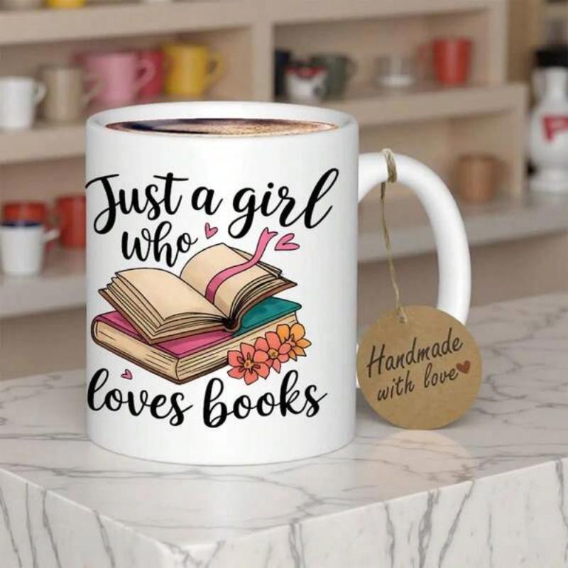 Tailorly White Ceramic 11 oz Mug - Just A Girl Who Loves Books Open Pages Decorated With Delicate Blooming Orange Flowers And Hearts Book