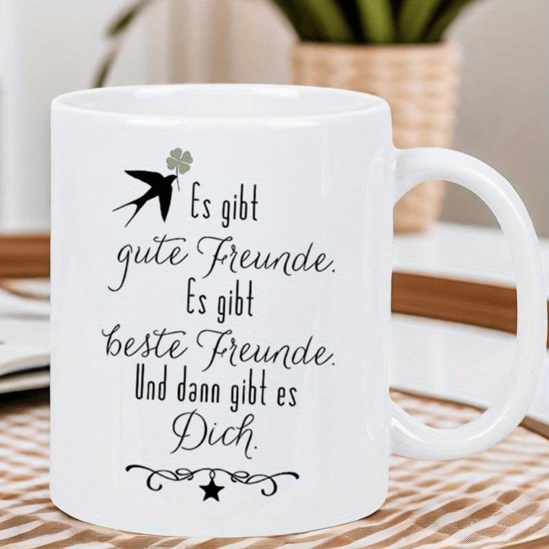 Tailorly White Ceramic 11 oz Mug - Graceful Flying Bird Silhouette Carrying A Lucky Four Leaf Clover Swallow