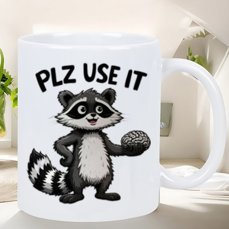 Tailorly White Ceramic 11 oz Mug - Plz Use It Funny Cartoon Animal Holding A Detailed Human Brain With Humor Raccoon