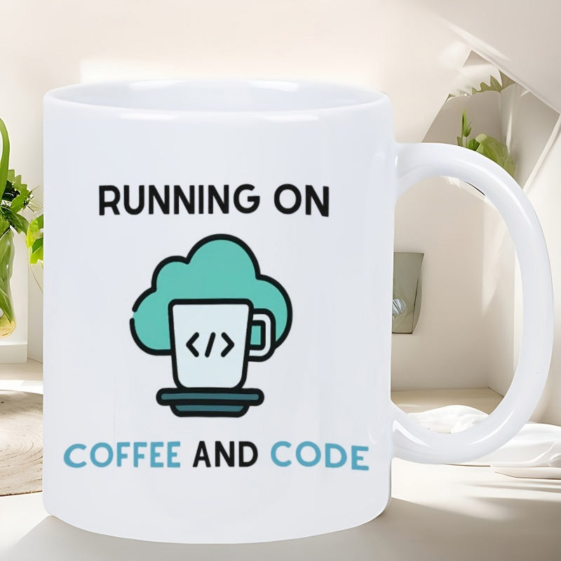 Tailorly White Ceramic 11 oz Mug - Running On Coffee And Code Small Minimalist Graphic Featuring Code Symbols Inside A Soft Blue Cloud Mug