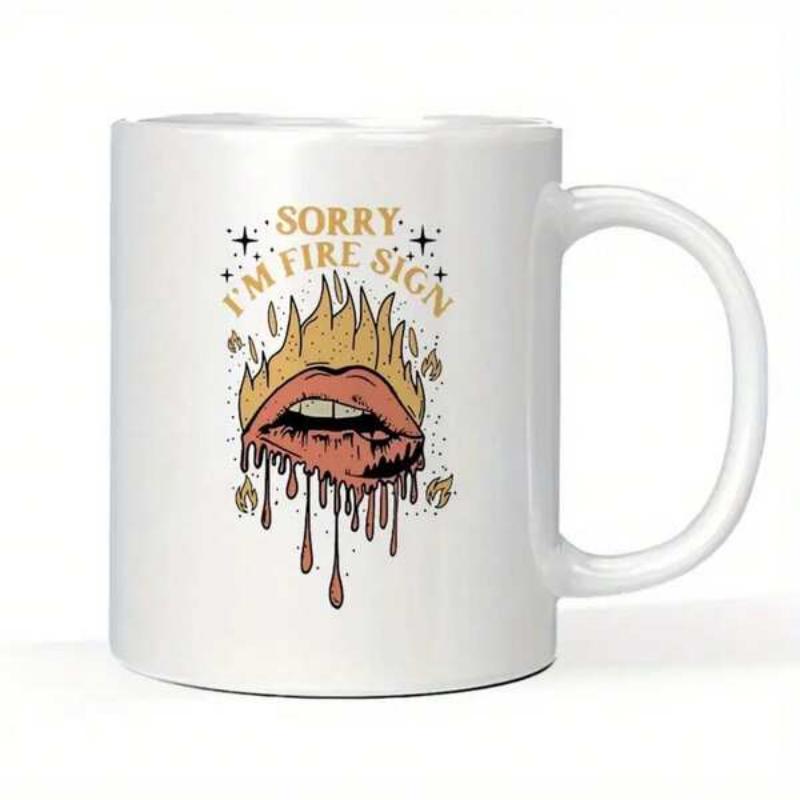 Tailorly White Ceramic 11 oz Mug - Sorry Im Fire Sign Artistic Biting Mouth Among Blazing Golden Flames With Flowing Melting Liquid Drops Lips