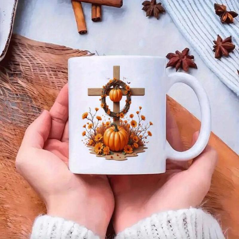 Tailorly White Ceramic 11 oz Mug - Rustic Wooden Cross Featuring Autumn Wreath Among Golden Harvest Flowers Pumpkin