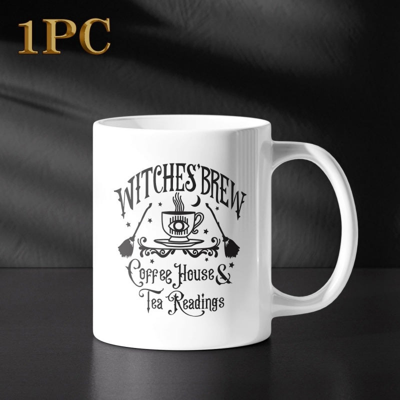 Tailorly White Ceramic 11 oz Mug - Witches Brew Coffee House Tea Readings Ornate Mystical Decorations With Floating Brooms And A Steaming Hot Beverage Mug