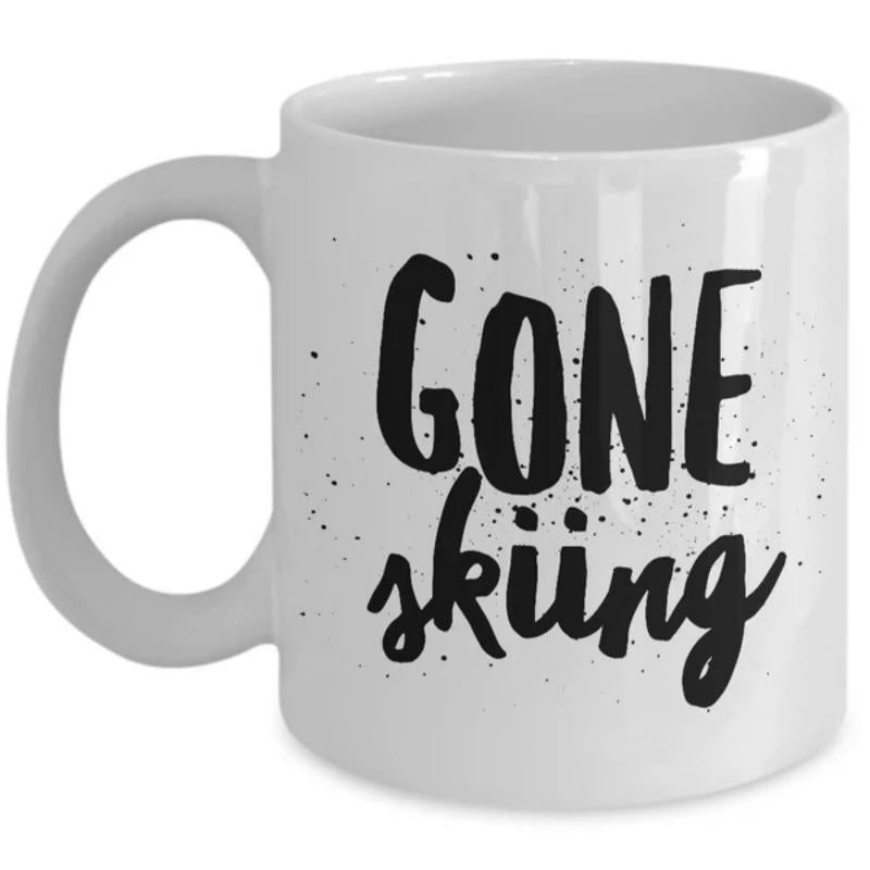 Tailorly White Ceramic 11 oz Mug - Gone Skiing Minimalist Black Paint Splatters Among Hand Lettered Script Mug