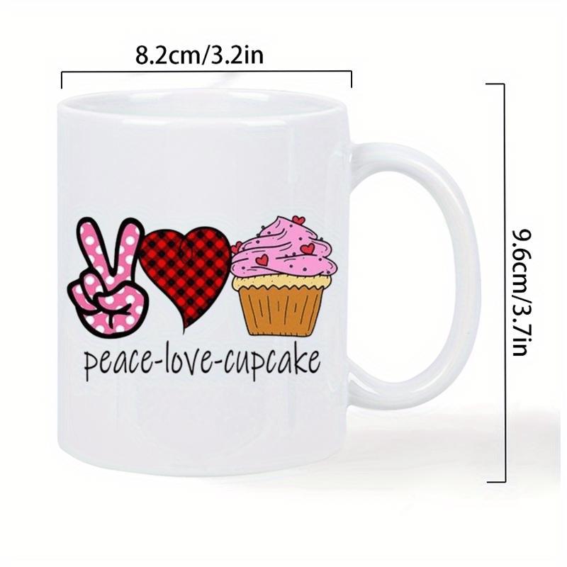 Tailorly White Ceramic 11 oz Mug - Peace Love Cupcake Sweet Pink Frosted Dessert Among Polka Dot Peace Sign And Heart Cupcake