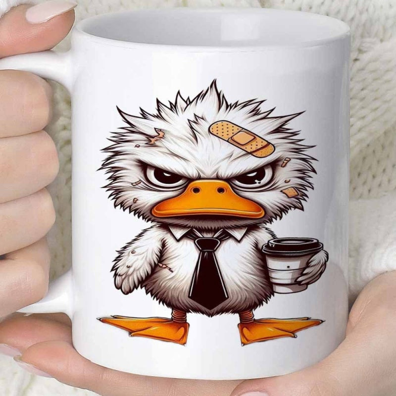 Tailorly White Ceramic 11 oz Mug - Disheveled Angry Little Bird Wearing Necktie And Holding Warm Coffee Duck