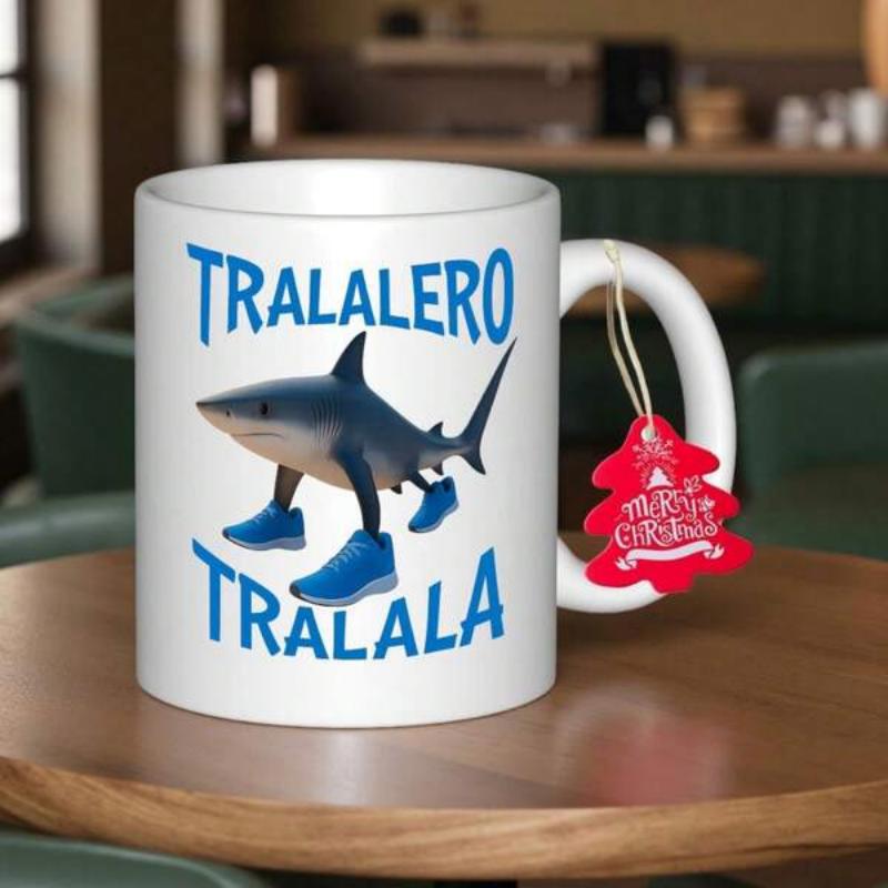 Tailorly White Ceramic 11 oz Mug - Tralalero Tralala Whimsical Creature With Human Legs Wearing Blue Fashionable Sneakers Shark