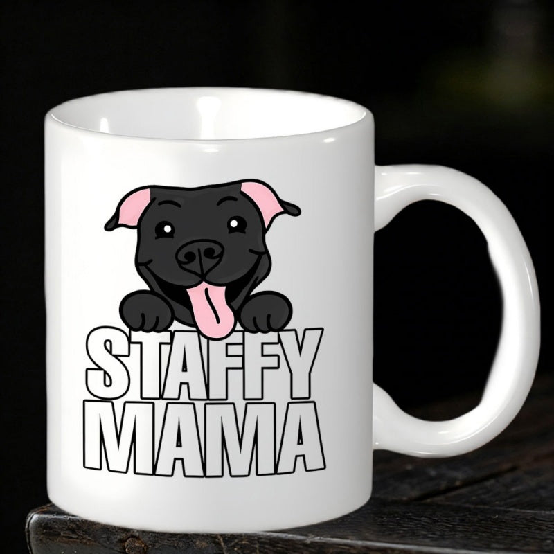 Tailorly White Ceramic 11 oz Mug - Staffy Mama Adorable Smiling Black Puppy Peeking Over Bold Capital Letters Dog