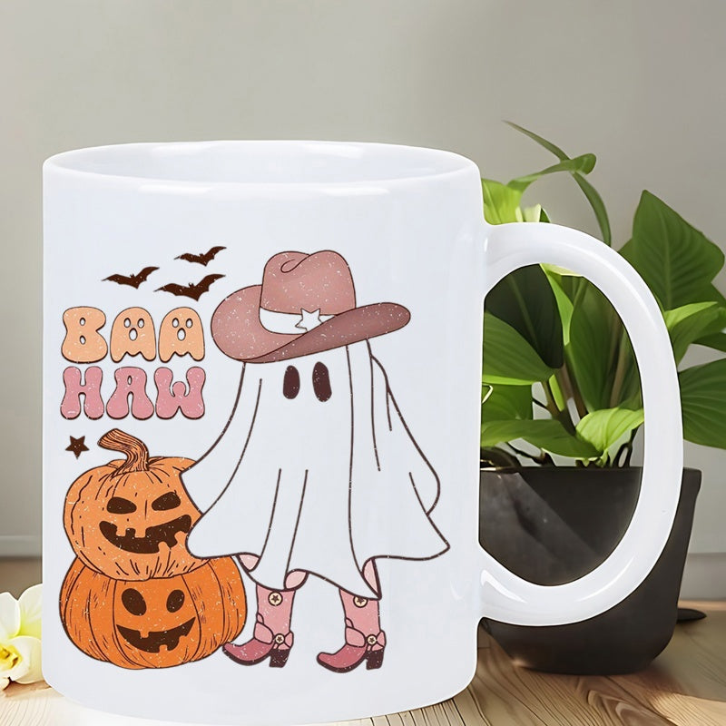 Tailorly White Ceramic 11 oz Mug - Baa Haw Cute Western Halloween Scene With Pink Boots And Carved Pumpkins Ghost