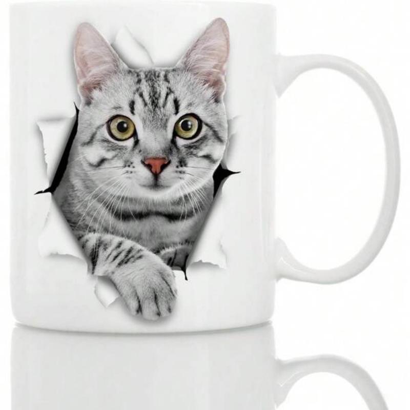 Tailorly White Ceramic 11 oz Mug - Realistic Grey Tabby Cat Peeking Through Torn Paper With Sharp Details Cat