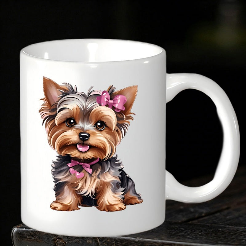 Tailorly White Ceramic 11 oz Mug - Adorable Puppy With Pink Bow And Ribbon Sitting In Calm Pose Dog