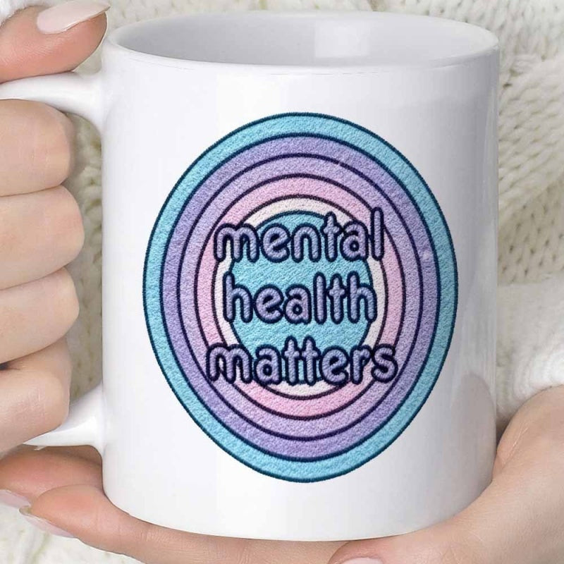 Tailorly White Ceramic 11 oz Mug - Mental Health Matters Soft Pastel Colors In Distressed Concentric Rings Style Textured Graphic Circle