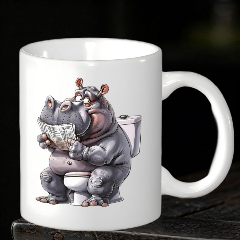 Tailorly White Ceramic 11 oz Mug - Funny Cartoon Sitting On Toilet Reading Newspaper In Quiet Bathroom Hippo