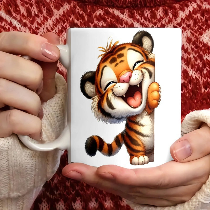 Tailorly White Ceramic 11 oz Mug - Adorable Little Cartoon Cub Peeking Behind A White Vertical Edge Tiger