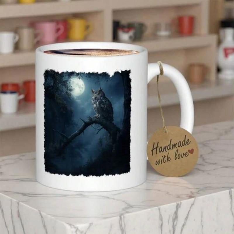 Tailorly White Ceramic 11 oz Mug - Mysterious Night Bird Perched On A Tree Branch Under Moon Owl