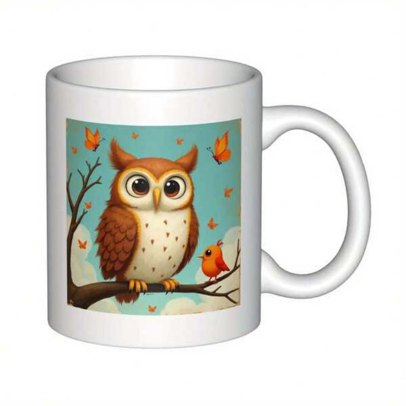 Tailorly White Ceramic 11 oz Mug - Charming Perched On A Tree Branch Among Delicate Flying Butterflies Owl