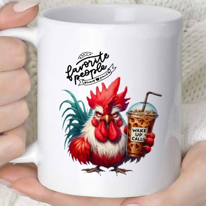 Tailorly White Ceramic 11 oz Mug - Favorite People Wake Up Calls Stylized Red Rooster Holding Cold Iced Coffee With Tall Straw Rooster