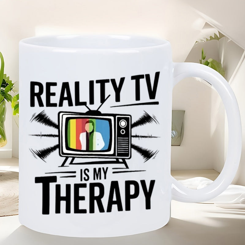 Tailorly White Ceramic 11 oz Mug - Reality TV Is My Therapy Vintage Retro Style Set Emitting Bold Sound Waves And Rainbow Display Television