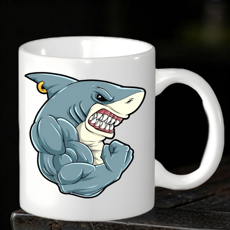 Tailorly White Ceramic 11 oz Mug - Fierce Bodybuilder With Muscular Bicep Showing Sharp Teeth And Gold Earring Shark