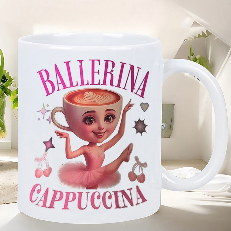 Tailorly White Ceramic 11 oz Mug - Ballerina Cappuccino Adorable Cartoon Character With Coffee Cup Head Wearing Pink Tutu Dancing Ballerina