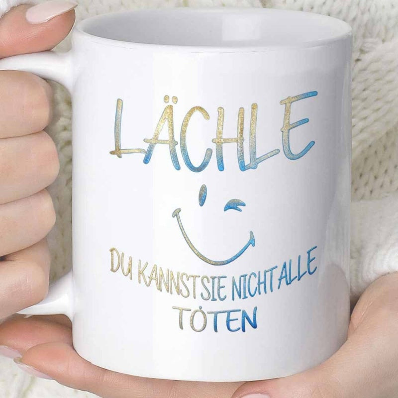 Tailorly White Ceramic 11 oz Mug - Playful Winking Expression With Artistic Gradient Blue And Gold Textures Smiley