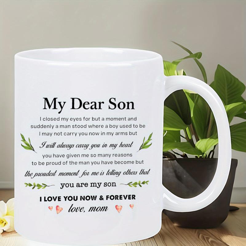 Tailorly White Ceramic 11 oz Mug - My Dear Son I Love You Now Forever Love Mom Delicate Green Botanical Leaves With Soft Pink Watercolor Heart Mug